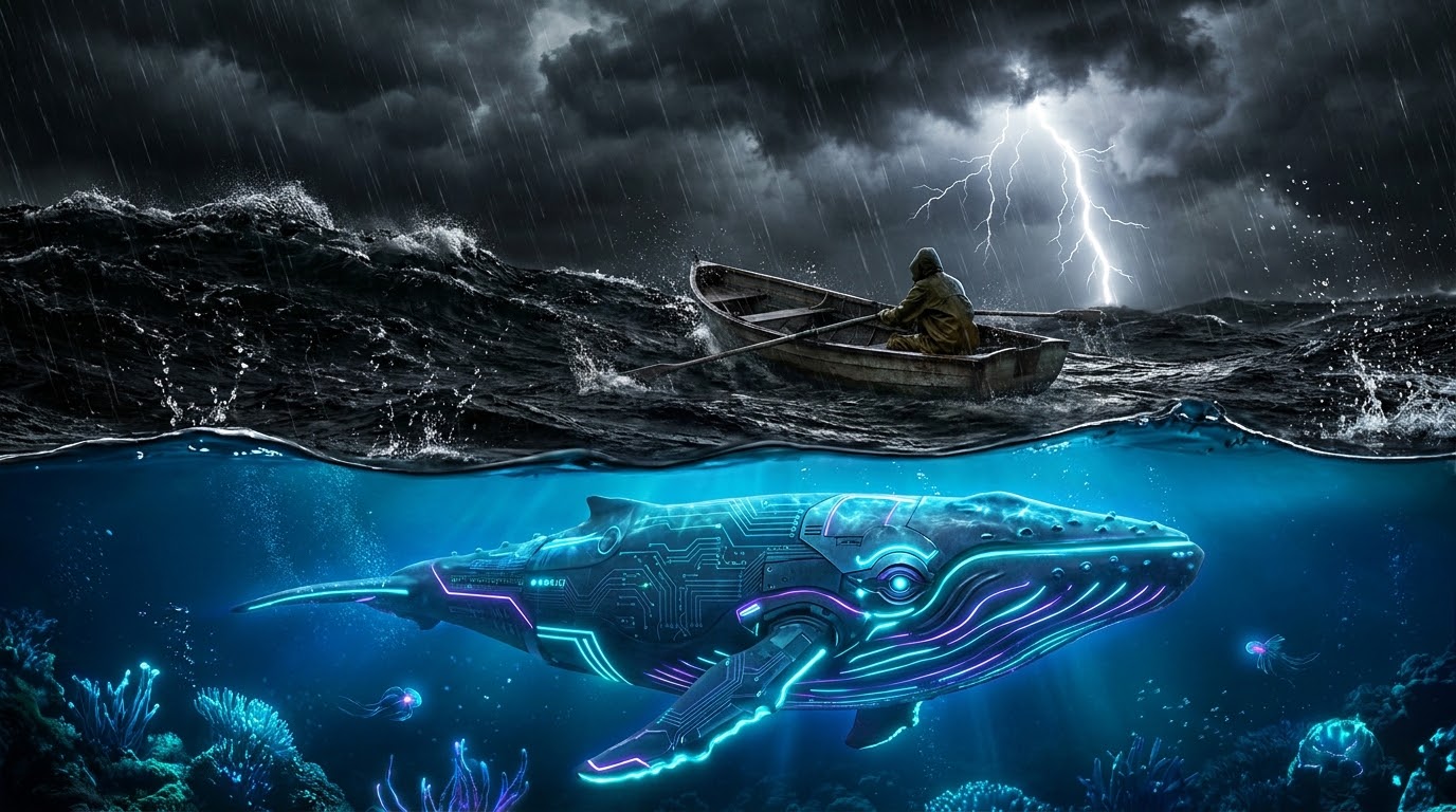 Cinematic hyper-realistic dark stormy ocean cross-section with rowboat trader and deep bioluminescent cybernetic whale